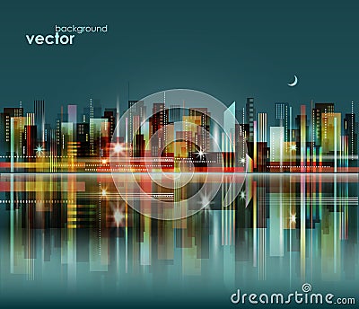 Modern night city skyline, with reflection on water surface Vector Illustration