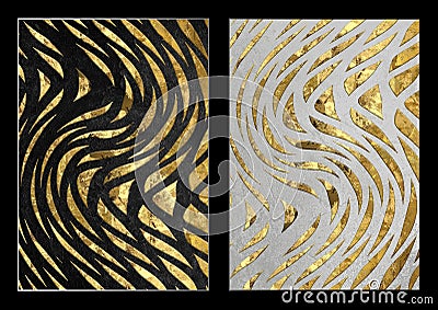 Modern Nordic black and golden modern wall decor. 3d abstract black and silver wallpaper. Curvy lines in drawing resin geode funct Stock Photo