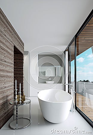 Modern nordic style bathroom. Bathroom with a large panoramic window and access to the terrace Stock Photo
