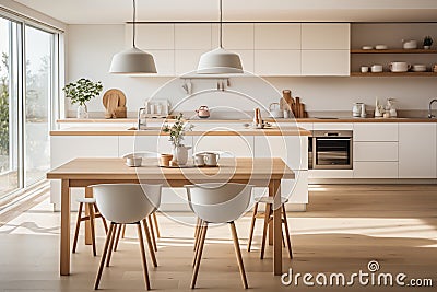 Modern Nordic style kitchen-dining room with light wood furniture Stock Photo