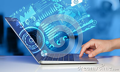 Modern notebook computer with future technology symbols Stock Photo