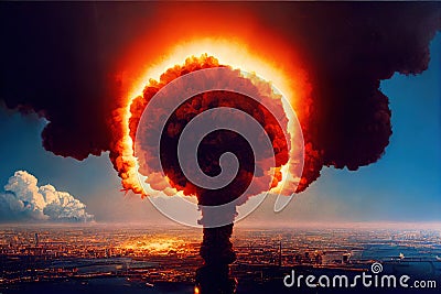 A modern nuclear bomb explosion over a small city.Generative AI Stock Photo