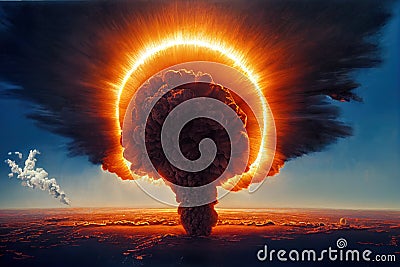 A modern nuclear bomb explosion over a small city.Generative AI Stock Photo