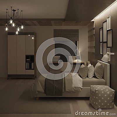 Modern nursery interior. Night. Evening lighting. Stock Photo