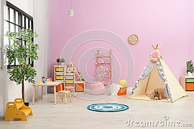 Modern nursery room interior with play tent Stock Photo