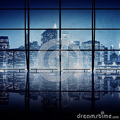 Modern NYC Interior Architecture Night Scene Concept Stock Photo