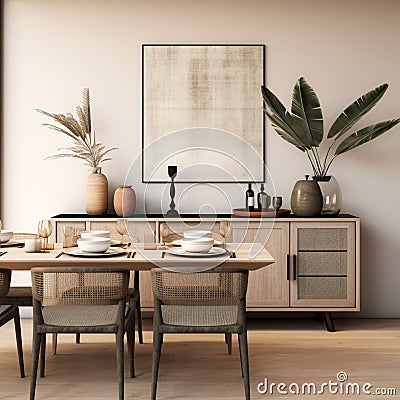 Modern Oasis: A Dining Setup that Evokes Serenity and Relaxation Stock Photo