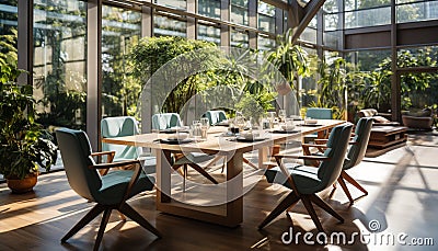 Modern office with bright sunlight, green plants, and comfortable seating generated by AI Stock Photo