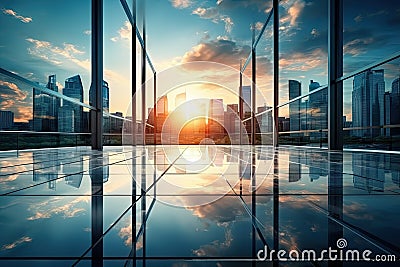 Modern office building or business center Tall buildings' windows made of glass reflect clouds and sunlight. Empty Stock Photo