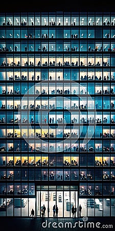 Modern office building facade with many windows. Office people working late at night. Generative Ai Stock Photo