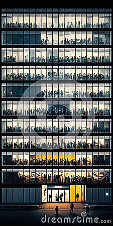 Modern office building facade with many windows. Office people working late at night. Generative Ai Stock Photo