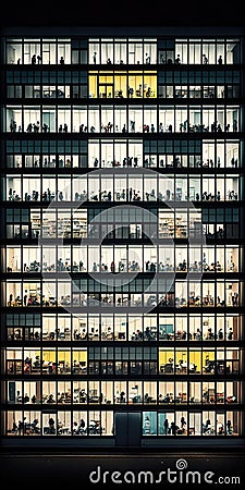 Modern office building facade with many windows. Office people working late at night. Generative Ai Stock Photo