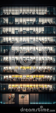 Modern office building facade with many windows. Office people working late at night. Generative Ai Stock Photo