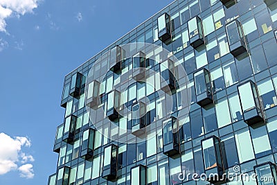 Modern office building glass wall front view close-up Stock Photo