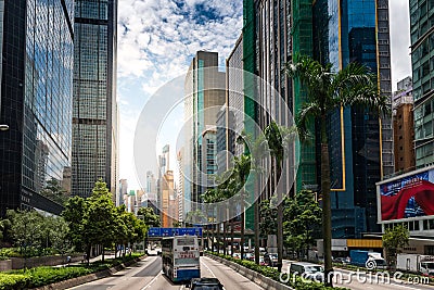 Modern office buildings in Central Hong Kong sun flare sunset Editorial Stock Photo