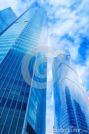 Modern office buildings. Low angle shot of modern glass skyscrapers against the sky, Moscow city, Russia. Stock Photo
