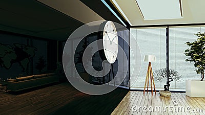 Modern office concept with parquet floor and black reflect wall, big watch design idea 3D rendering Stock Photo