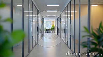 A modern office corridor features glass walls and lush plants, leading to a well-lit workspace that emphasizes a Stock Photo