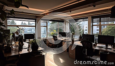 Modern office design with bright cityscape background generated by AI Stock Photo