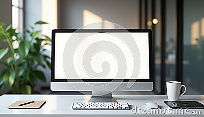 Modern office desk with blank computer screen. Empty workspace with tech items. Modern design. Blank screen monitor. Stylish Stock Photo