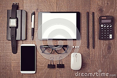 Modern office desk with gadgets. View from above Stock Photo