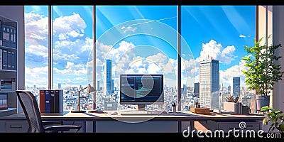 A Desk with a City View and Computer Displaying Code Stock Photo