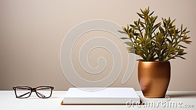 Modern office desk mockup with notebook, glasses, green plant - minimalist, soft light, empty space Stock Photo