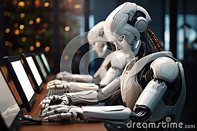 Modern office environment with a 3D rendered AI powered robotic assistant Stock Photo