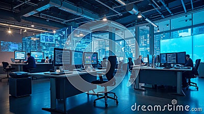 Modern office environment with multiple computer monitors displaying data and graphs, people working at desks, large windows Stock Photo