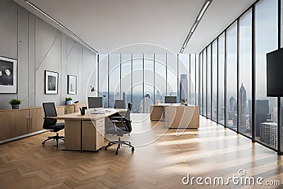 modern office interior room with beautiful chairs ,table, vase,windows and sceneries Ai generated Stock Photo