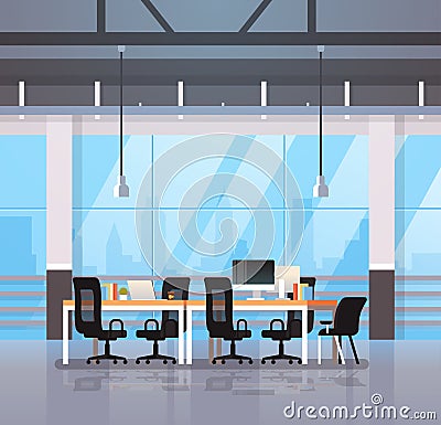 Modern office interior workplace desk creative co-working center workspace cityscape background flat Vector Illustration