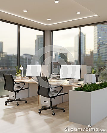 A modern office in a skyscraper features computers on desks by the window with a stunning view Cartoon Illustration