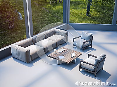 Modern office waiting area with sofa. 3d rendering Stock Photo