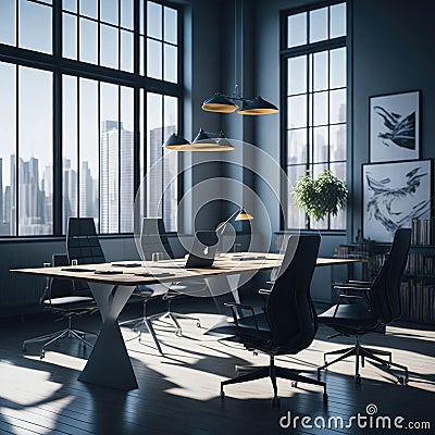 Modern Office Working Place, Large Windows With View, Conference room with Table and Chairs, Charts on Board, Hanging on wall, Stock Photo