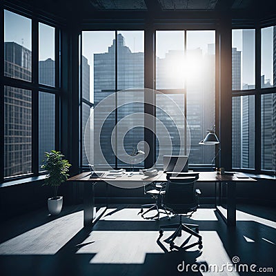 Modern Office Working Place, Large Windows With View, Conference room with Table and Chairs, Charts on Board, Hanging on wall, Stock Photo