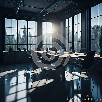 Modern Office Working Place, Large Windows With View, Conference room with Table and Chairs, Charts on Board, Hanging on wall, Stock Photo