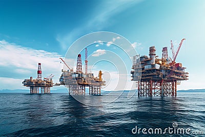 a modern oil platform standing in the middle of the ocean,producing oil and gas for industry,the concept of the oil and gas Stock Photo