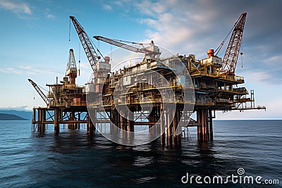 a modern oil rig standing in the middle of the ocean,producing oil and gas for industry,the concept of the oil and gas production Stock Photo