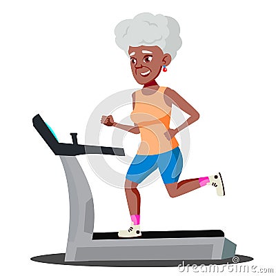 Modern Old Woman Doing Cardio Exercises On A Treadmill Vector. Isolated Illustration Vector Illustration