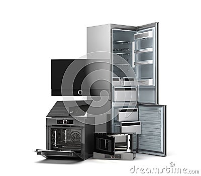 Modern open built in kitchen appliances set 3d render on white Stock Photo