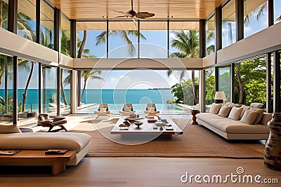 A modern, open-concept beachfront villa interior Stock Photo