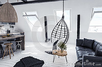 Modern open-plan apartment in attic, loft style Stock Photo