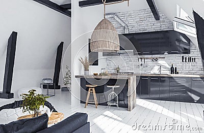 Modern open-plan apartment in attic, loft style Stock Photo