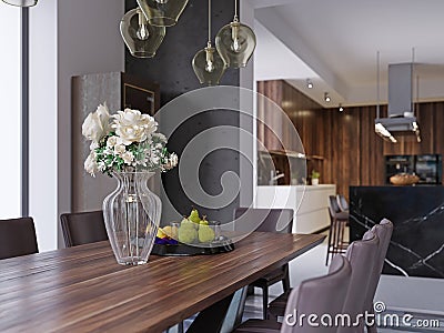 Modern open-plan dining room interior with a large table with formal place settings in a long room with feature windows, a kitchen Stock Photo