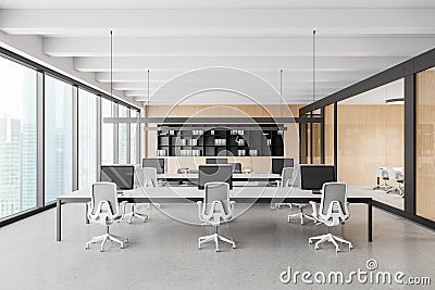 Modern open space office with desks and chairs Stock Photo