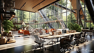 Modern open space office with no employees in luxury building. Wooden floor, large desks, chairs, desktop computers Stock Photo