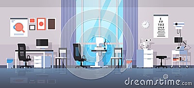 Modern ophthalmologist office interior design empty no people oculist medical consultation cabinet with furniture and Vector Illustration