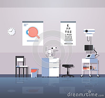 Modern ophthalmologist office interior design empty no people oculist medical consultation cabinet with furniture and Vector Illustration