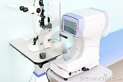 Modern ophthalmology clinic. Keratometer device measuring curvature of cornea. Prevention of astigmatism desease. High-tech solut Stock Photo