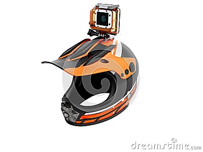 Modern orange helmet motorcyclist with action camera looking per Stock Photo